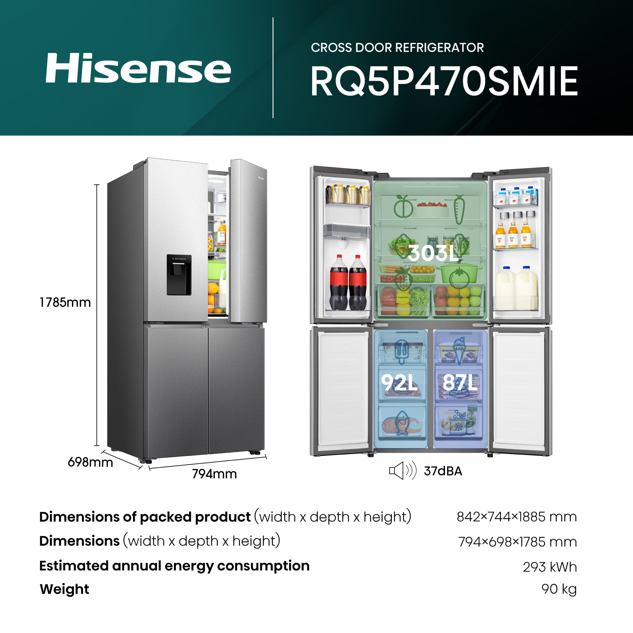 Hisense RQ5P470SMIE koel-vriescombinatie Vrijstaand 482 l Zilver, Roestvrijstaal doosschade DHZ4703 - Afbeelding 11