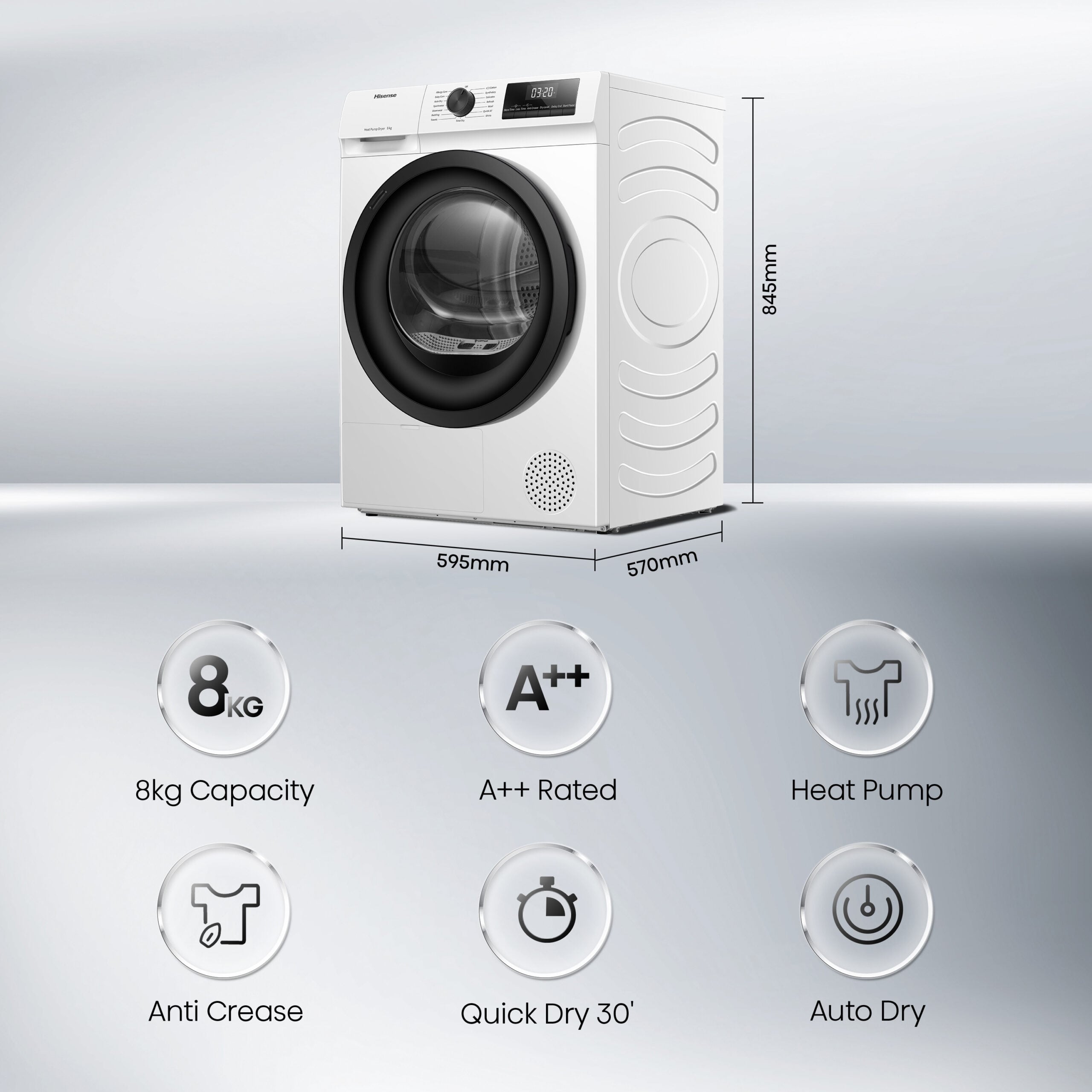 Hisense DH1Q802BW2 wasdroger Vrijstaand Voorlader 8 kg Wit EWO4866 - Afbeelding 3