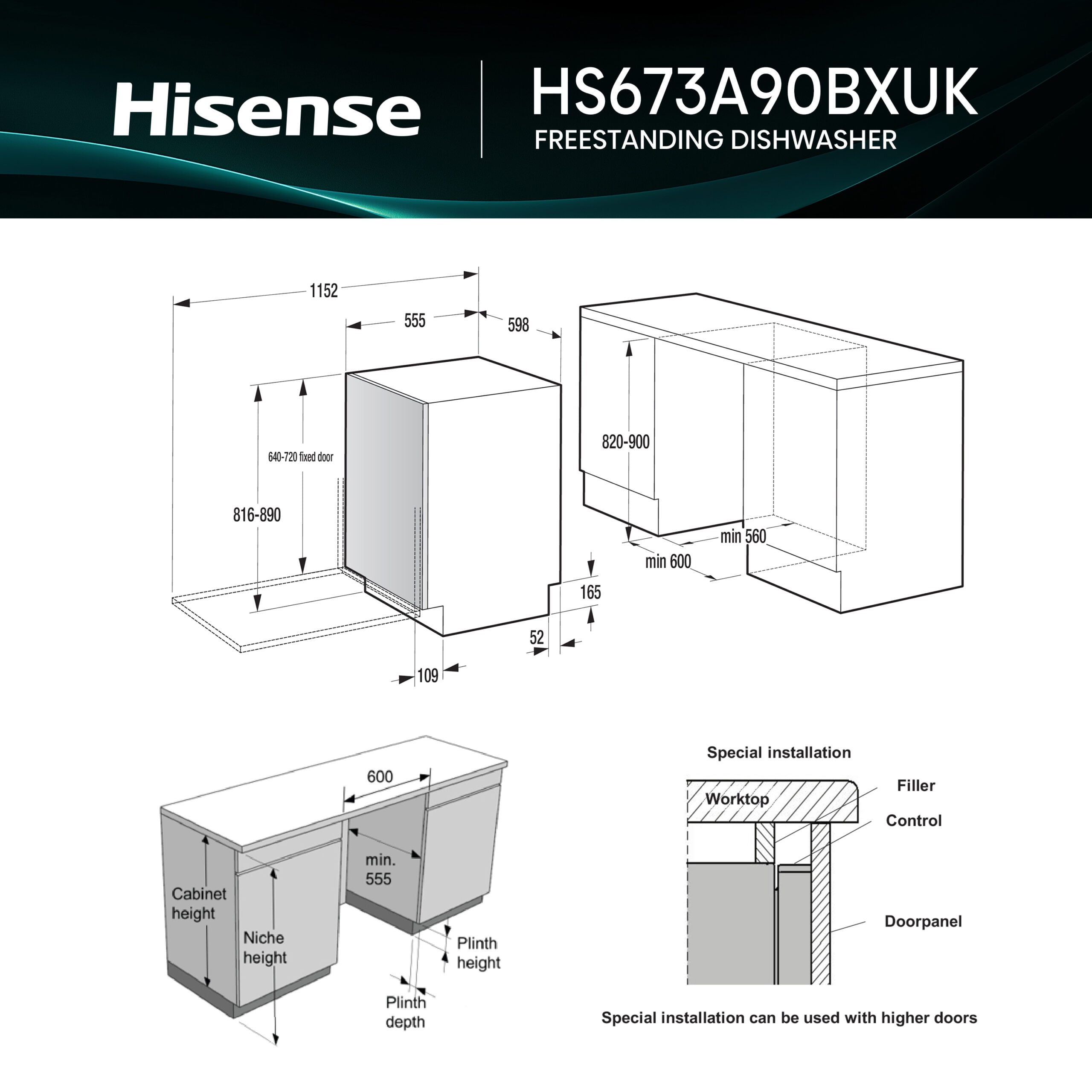 Hisense HS673A90BXUK vaatwasser Vrijstaand 16 couverts EWO5150 - Afbeelding 4