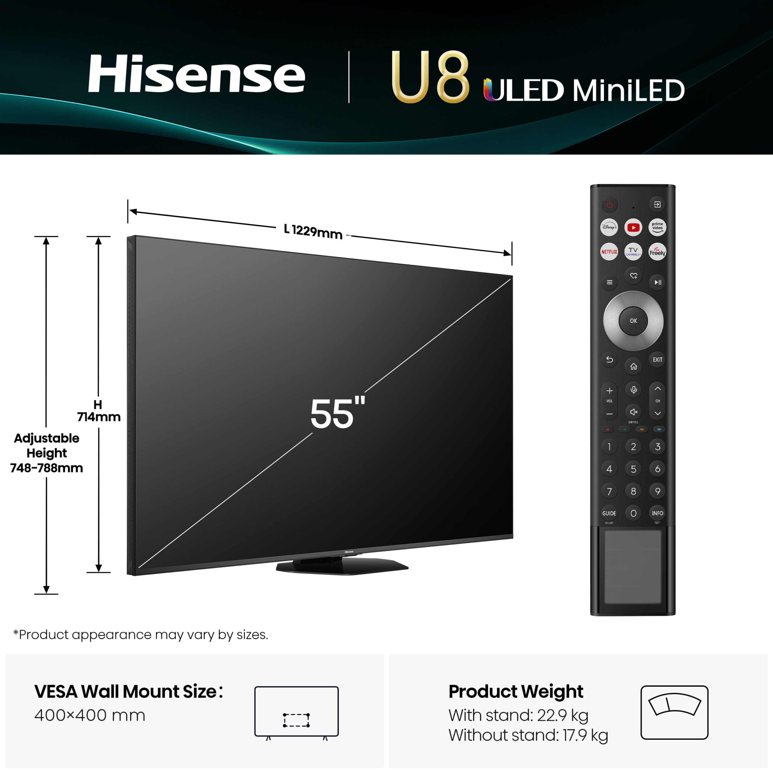Hisense 55U8QTUK tv 139,7 cm (55") 4K Ultra HD Smart TV Wifi Zwart, Grijs 700 cd/m² EWO4962 - Afbeelding 3