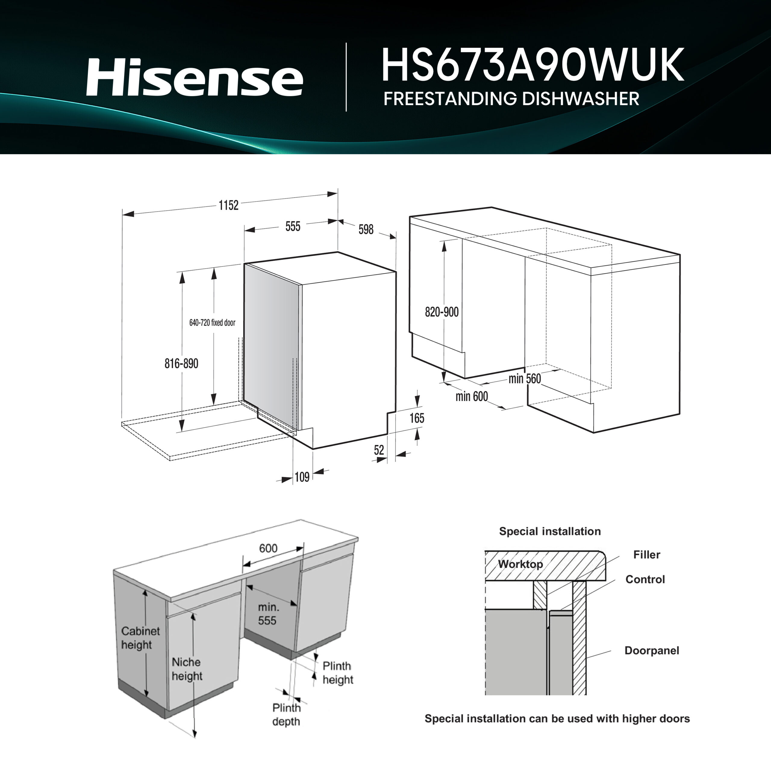 Hisense HS673A90WUK vaatwasser Vrijstaand 16 couverts - EWO5382-NP - Afbeelding 4